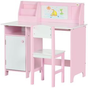 Qaba Toddler Table and Chair Set, Kids Writing Desk Homework Table with Whiteboard, Storage Cabinet, Pink