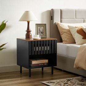 2 Set Nightstands with Grille Striped Doors, Mid Century Modern Nightstand, Bedside Table with Slatted Drawer Decor