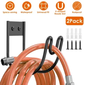 2Pack Heavy Duty Garden Hose Holder Stainless Steel Hose Hook Metal Hose Rack Reel Organizer For Water Hose Extension Cords (Color: BLACK)