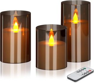 Flameless Candles 4" 5" 6" Set of 3 Acrylic Glass Pillars 3" Diameter Battery Operated Flickering Candles Include 10-Key Remote with Timer Functi (Color: BLACK)